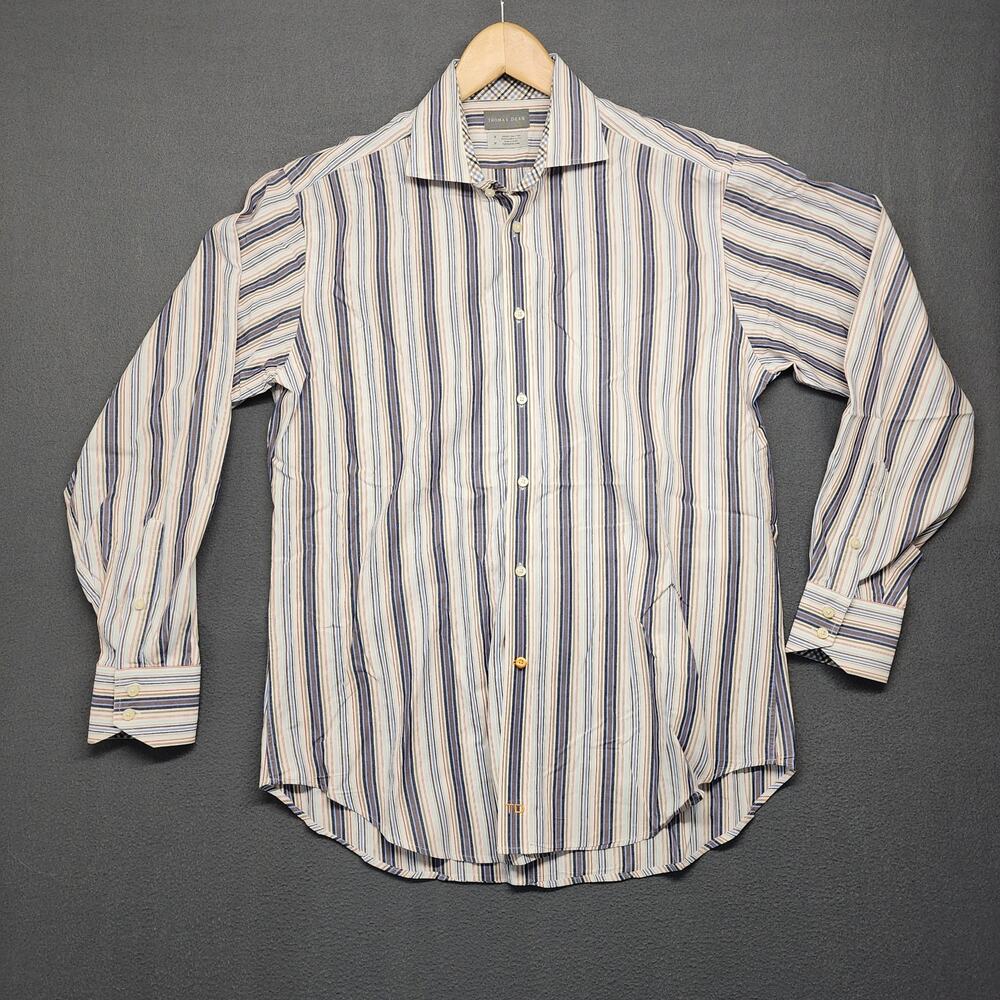 Thomas Dean Shirt Mens Medium White Blue Striped Long Sleeve Button Up